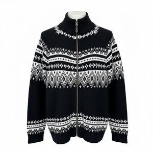 Sundance Fair Isle Full Zip Holiday Sweater - Size Large - Navy Blue White